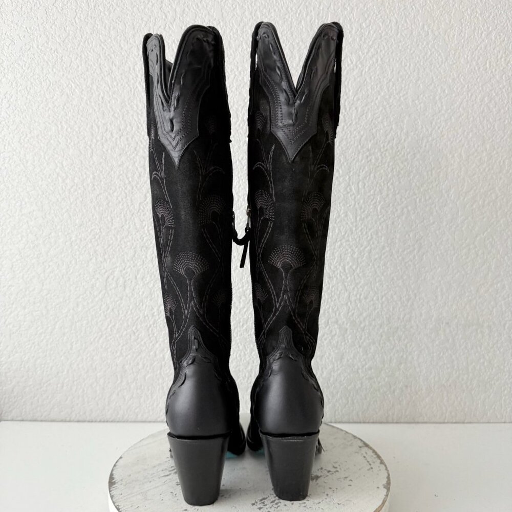 Lane Tessa Knee High Black Suede & Leather Snip Toe Cowboy Boots Women’s 6 - Picture 3 of 16